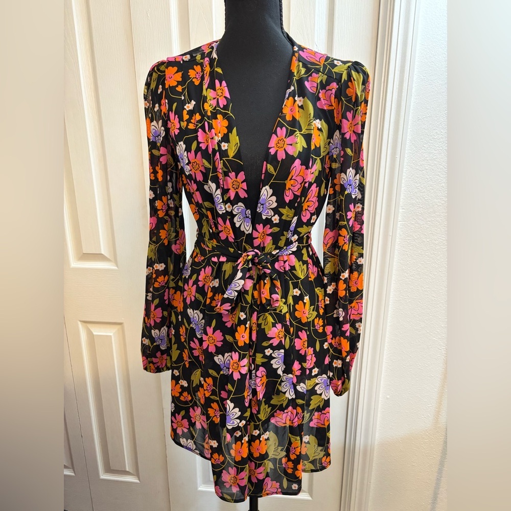 Cabi Mingle Floral Belted Mesh Coverup Kimono